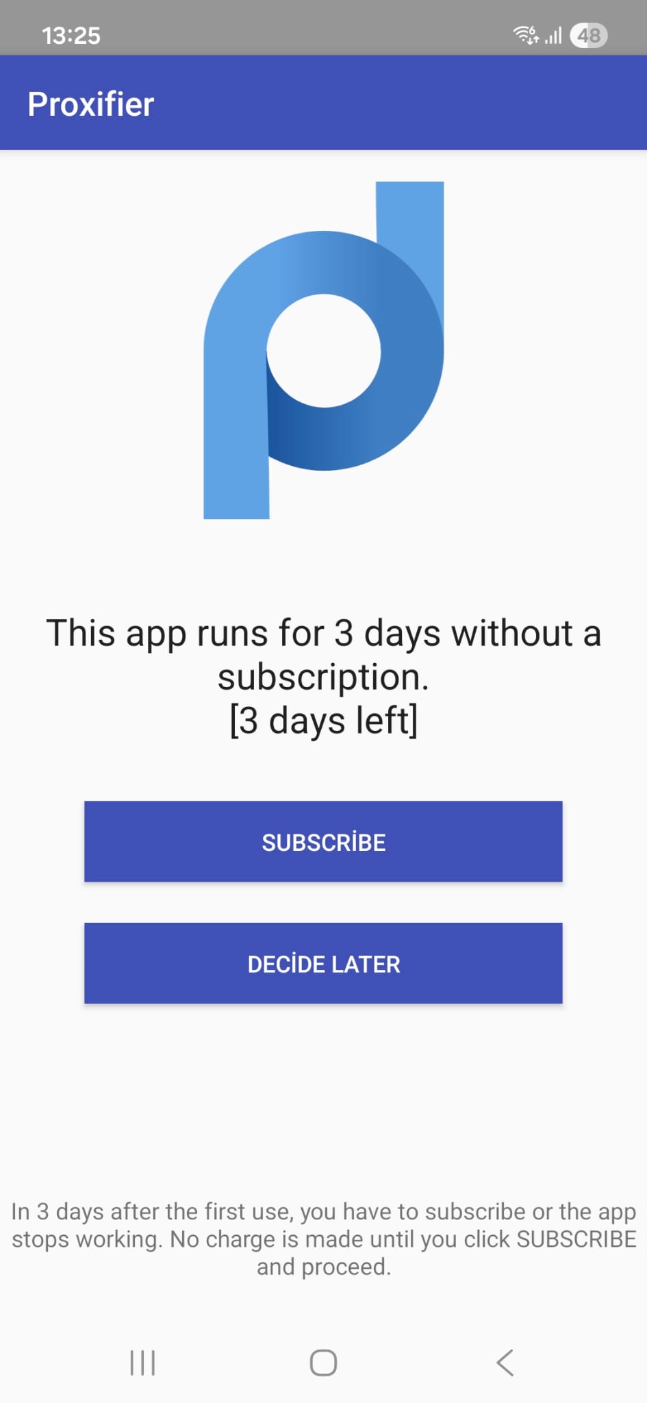 Proxifier Android Başlangıç Ekranı