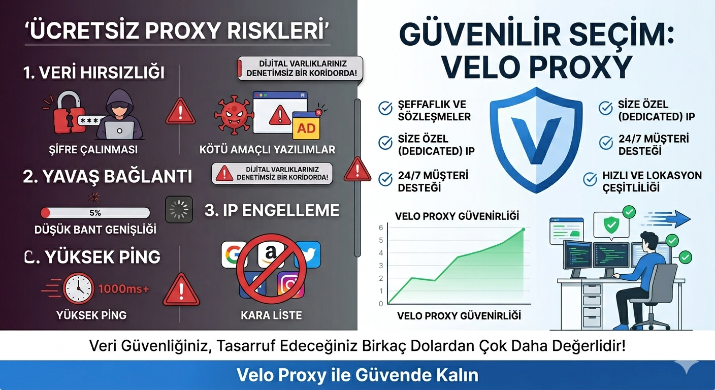 Ücretsiz Proxy Riskleri ve Güvenilir Seçim İnfografiği - Velo Proxy
